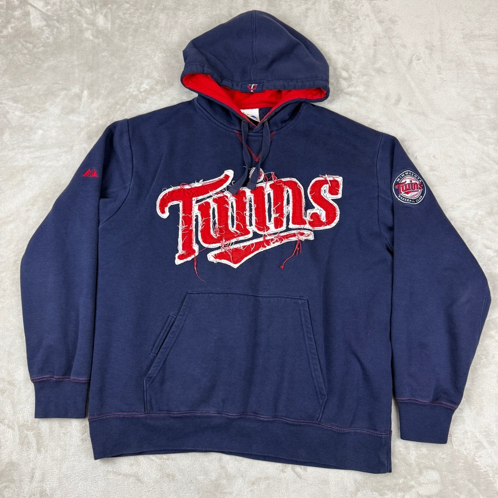 Minnesota Twins Majestic Hoodie Mens L Sweater MLB Baseball Pullover Frayed Logo
